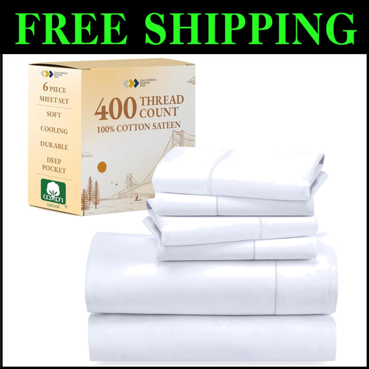 Luxurious 6-Pc King Size Sheet Set - 400 Thread Count 100% Cotton Sateen White