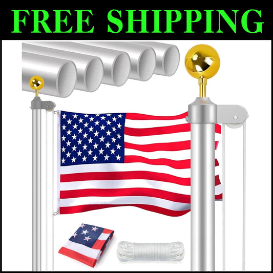 16FT Extra Thick Aluminum Flagpole with Complete Installation Kit & Free Flag