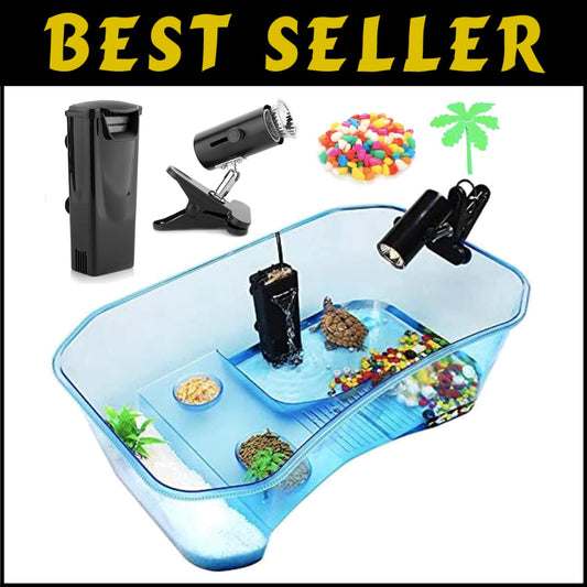 Pet Turtle Aquarium with 5-Gallon Capacity, Basking Area, and Decorative Plants