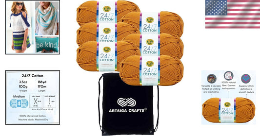 6 Skeins of 24/7 Cotton Amber Yarn with Project Bag for Knitting & Crocheting