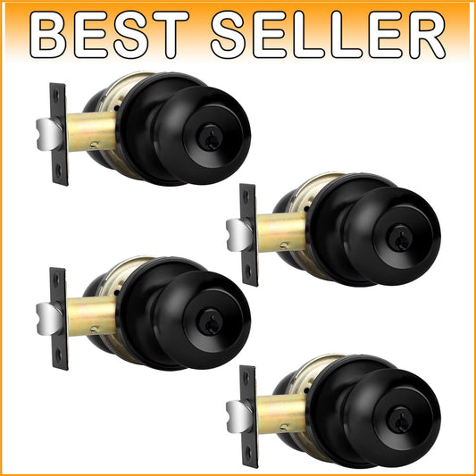 Flat Black Keyed Alike Round Door Knobs – 4 Pack Stainless Steel Security
