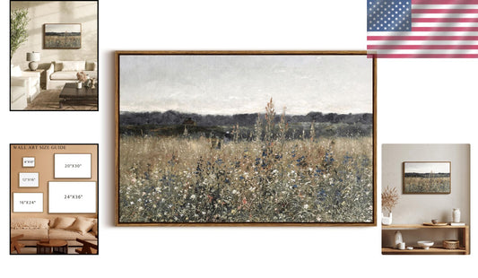 Elegant Framed Canvas Wall Art - Vintage 'Champ Fleuri' 30"x20" Masterpiece