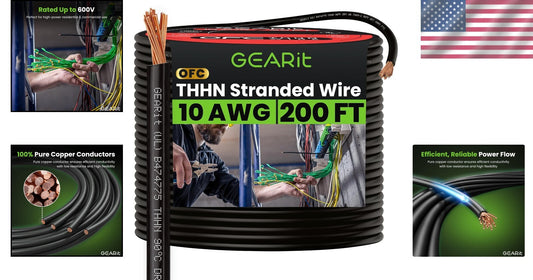 10 AWG Stranded THHN Wire - 200ft Black Copper, UL Listed & RoHS Compliant