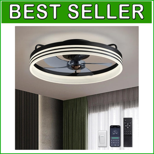 Dimmable LED Flush Mount Ceiling Fan with 6 Speeds & Remote Control - 20" Black