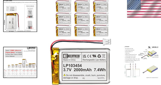 10-Pack 3.7V 2000mAh Lithium Polymer Battery with JST Connector - Reliable Power