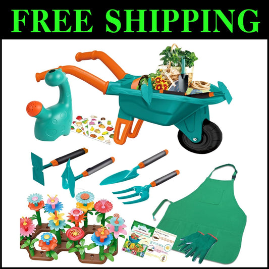 Eco-Friendly Kids Gardening Set: 16 Tools and Wheelbarrow for Outdoor Play