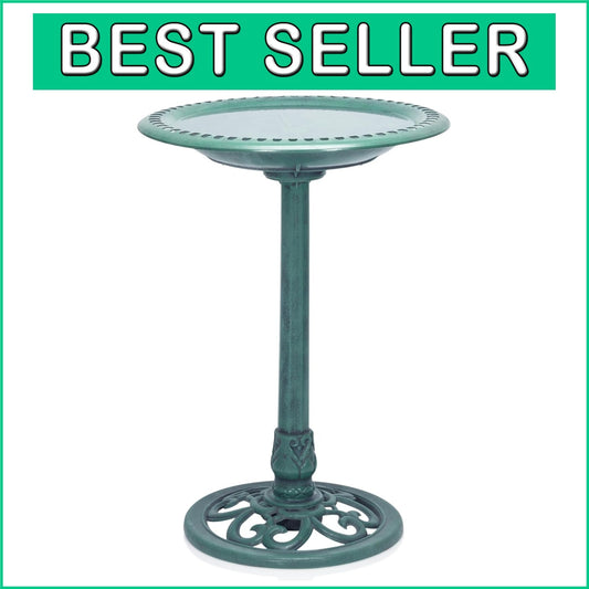 Elegant 28" Tall Outdoor Birdbath with Scrollwork - Aged Green Garden Accent