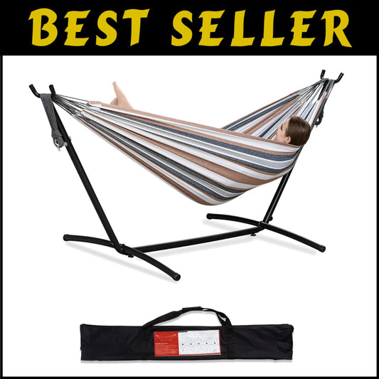 Easy-Setup Double Hammock with Stylish Steel Stand & Travel Bag - Coffee Color