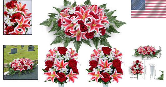 Elegant Artificial Cemetery Flower Saddle with 3 Bouquets for Headstone Decor