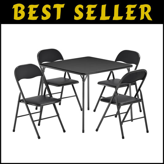 Portable Folding Card Table and Chair Set of 5 with Padded Upholstery - Black
