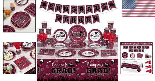 Elegant Maroon Graduation Dinnerware Set for Up to 50 Guests - Class of 2025