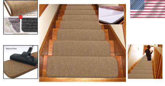 13-Piece Non-Slip Stair Treads Carpet - Washable Indoor Step Covers in Brown