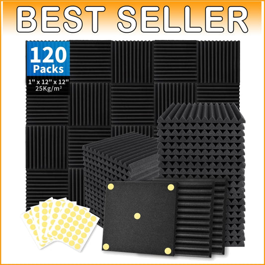 1" x 12" x 12" Acoustic Foam Panels 120 Pack - Double-Sided Adhesive Included
