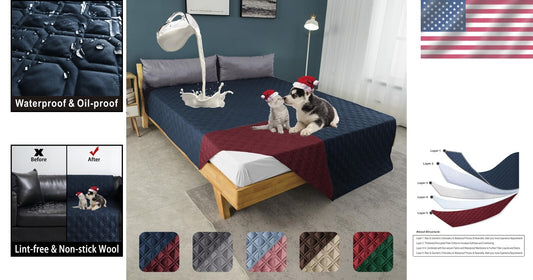 100% Waterproof Reversible Dog Bed Cover 86x82" - Navy & Burgundy Elegant Mat