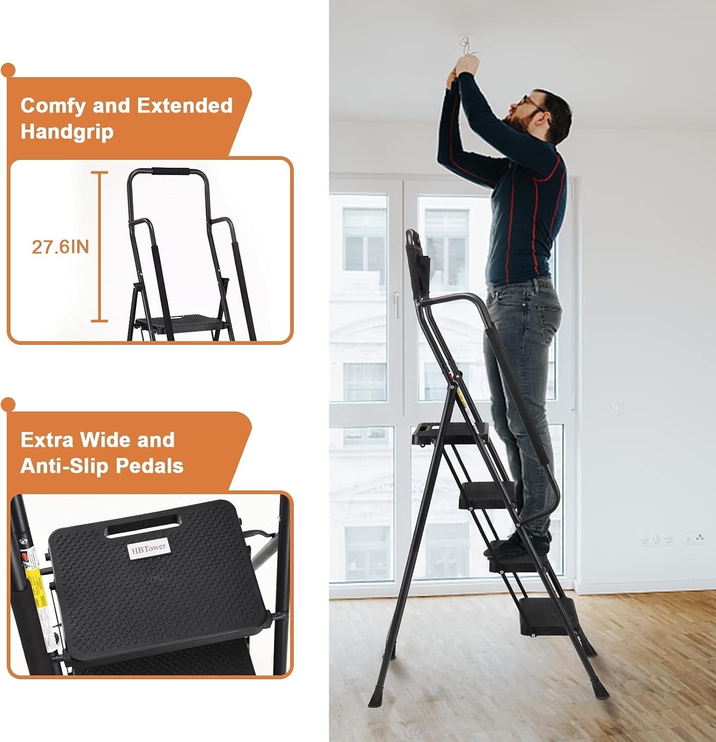330 lbs Folding Step Stool with Handrails & Tool Bag for Safety and Convenience