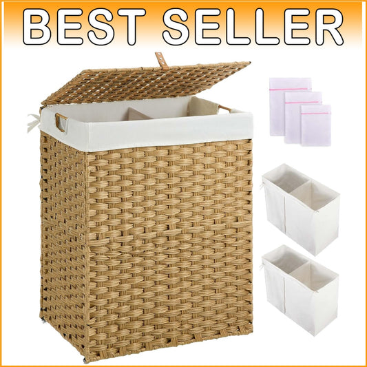 110L Handwoven Laundry Hamper with Lid & Removable Liner Bags - Natural Rattan