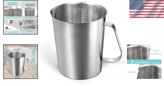 Sleek Stainless Steel Measuring Cup - 64 Oz Wide Mouth with 3 Measurement Scales