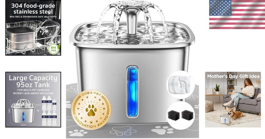 Award-Winning 2.8L Stainless Steel Cat Water Fountain with LED Light & Filters
