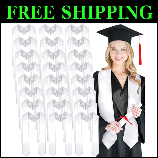Unisex Graduation Stole Set - 24 Elegant White Satin Sashes for Memorable Events