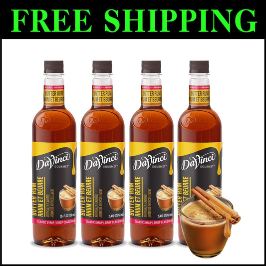 Classic Butter Rum Syrup 25.4 Oz - Pack of 4 for All Your Beverage Creations
