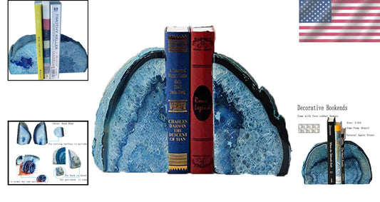 Artistic Blue Agate Bookends - Decorative Crystal Holding Bookends Pair, 3.5 lbs