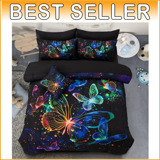 Galaxy-Themed Butterfly Printed Bedding Set - Full Comforter & Pillows Included