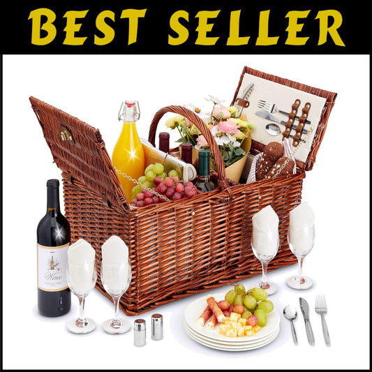 Essential Rustic Wicker Picnic Set for 4 with Insulated Cooler & Glasses