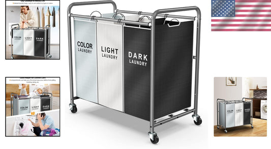 Efficient Laundry Cart with Easy-Access Bags - 3 Compartments for Sorting