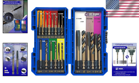 Durable Hex Shank Drill Bits & Taps Set - 20 Pieces, Color-Coded for Efficiency