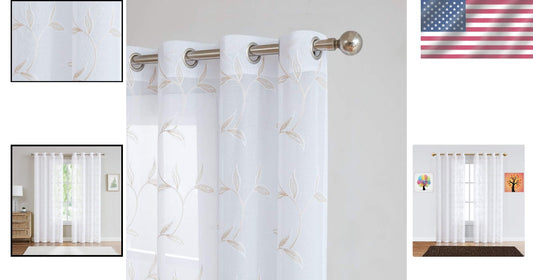 Elegant Sheer White Faux-Linen Curtains with Leaf Embroidery, 54" x 84"