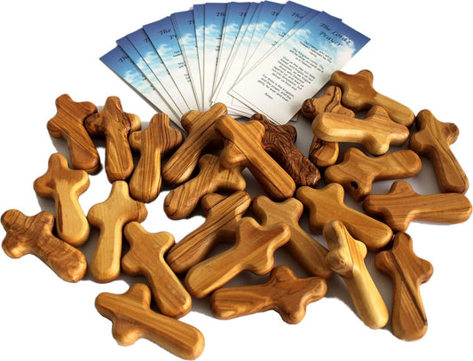 25 Compact Olive Wood Crosses with Authenticity Cards - Handmade in Bethlehem