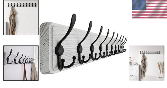 38.3'' Rustic Wall Mounted Coat Rack with 10 Heavy-Duty Hooks in Weathered White