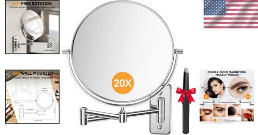 Double-Sided 20X Magnifying Chrome Makeup Mirror with Wall-Mount & Tweezers