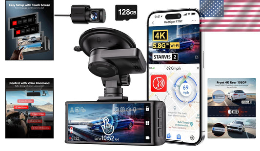 4K Dash Cam Front & Rear with GPS, Touch Screen & Voice Control - 128GB Included