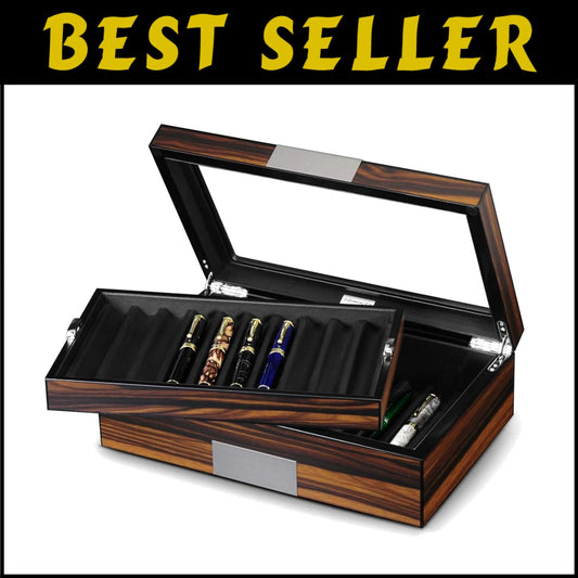 Portable Ebony Wood Pen Case with Glass Window - Protects & Displays 20 Pens