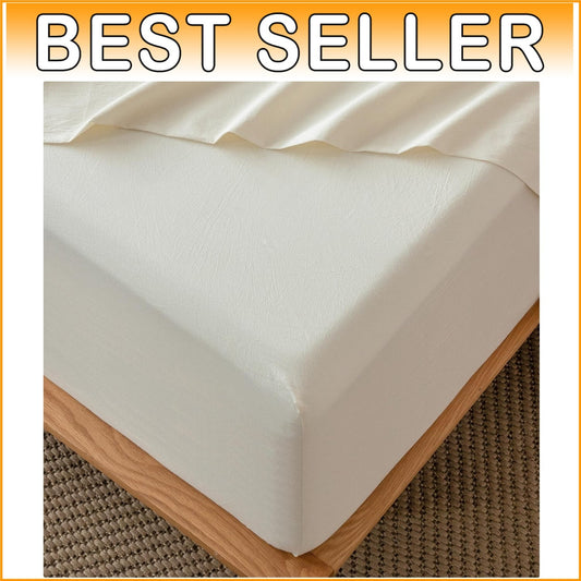 Queen Fitted Bottom Sheet - 100% Washed Cotton, Cream White, 17" Deep Pocket