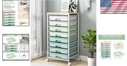 Compact 8-Drawer Organizer Cart with Wooden Top for Living Room & Office
