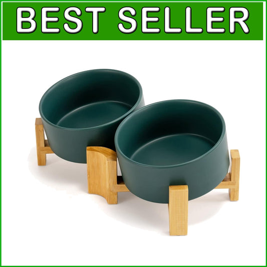 Stylish 15° Slanted Ceramic Pet Bowl Set with Bamboo Stand for Easy Feeding