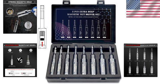 8 PCS Adjustable Deep Magnetic Nut Driver Set for Impact Drill - Metric Sizes