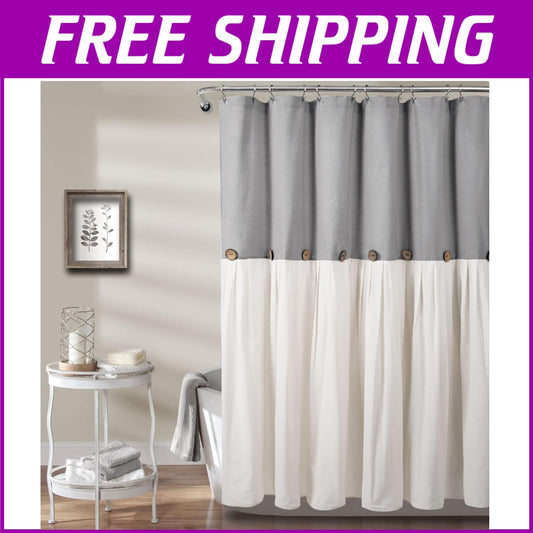 Charming Gray & White Linen-Like Shower Curtain 72"W x 78"L for Farmhouse Style