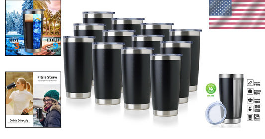 Double Wall Insulated 20oz Travel Mugs - 12 Stainless Steel Tumblers in Black