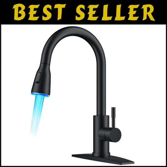 Farmhouse Style Matte Black Kitchen Faucet with Pull Down Sprayer & LED Features