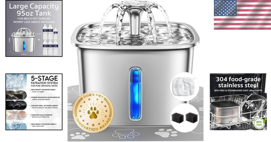 Hygienic 95oz Stainless Steel Cat Water Fountain with Light & Filters Included