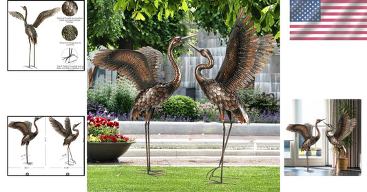 Freestanding Metal Crane Statues - Realistic Garden Art for Outdoor Elegance