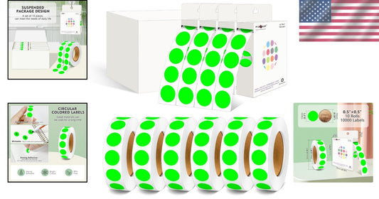 Bulk Pack of 10 Rolls Fluorescent Green 1/2 Inch Permanent Adhesive Dot Stickers