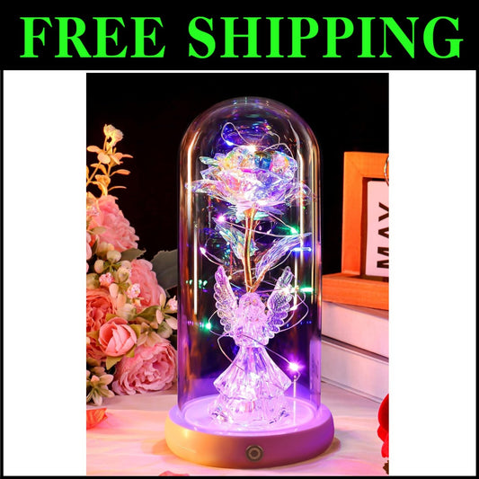 Charming Preserved Rose and Angel Figurine in Glass Dome - Versatile Home Decor