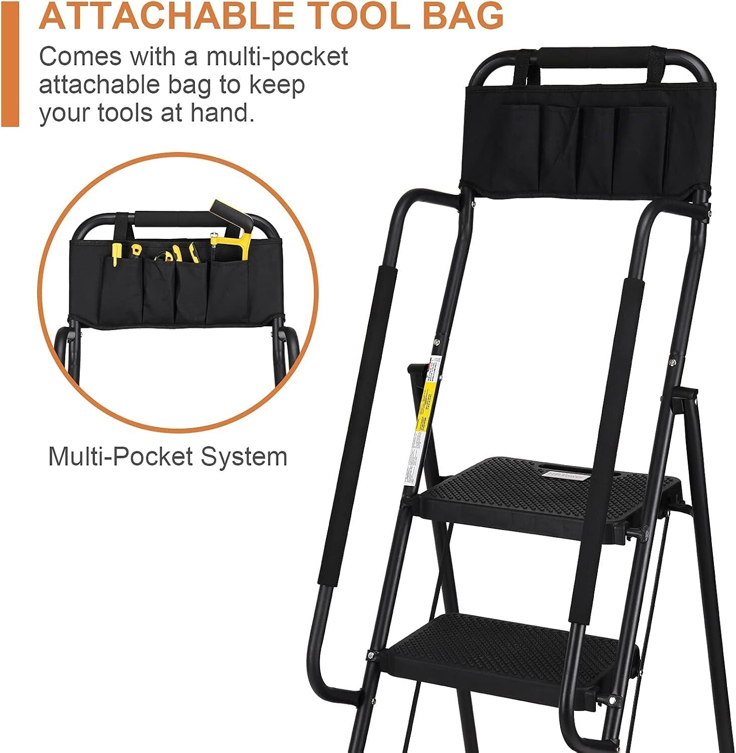 330 lbs Folding Step Stool with Handrails & Tool Bag for Safety and Convenience