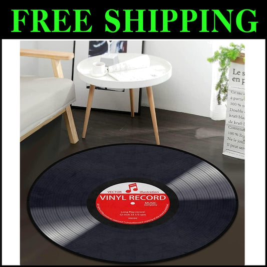 Stylish Solid Music Record Round Rug - 4' Memory Foam Carpet for Home Decor