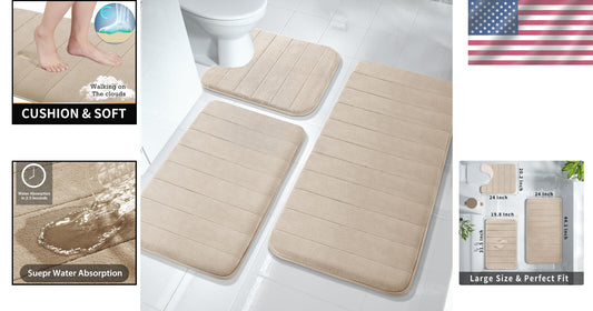 3-Piece Beige Memory Foam Bath Rug Set - Ultra-Soft, Water Absorbent & Non-Slip