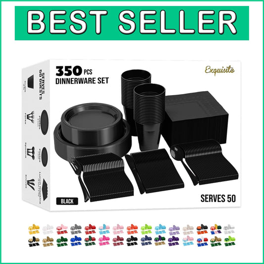 350 Pcs Black Plastic Party Plates & Utensils - Durable, BPA-Free, Easy Cleanup